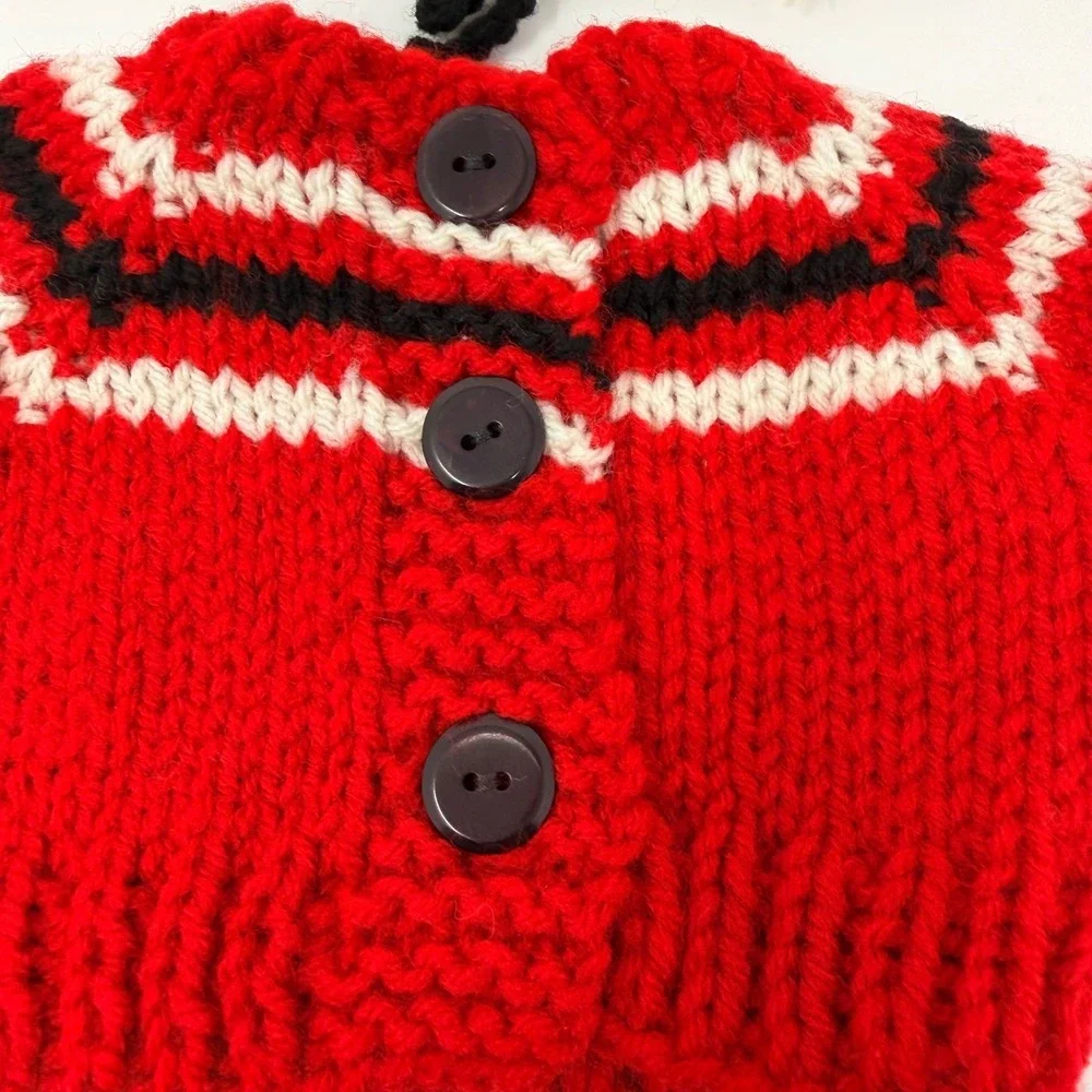 Hand-Knit Doll Outfit: Red Sweater, Beanie, Denim Pants Fits 18